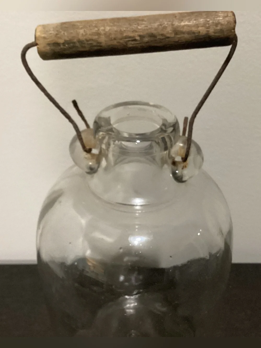 Vintage/Antique? 1 Gallon clear glass jug with traditional wire bail and wooden